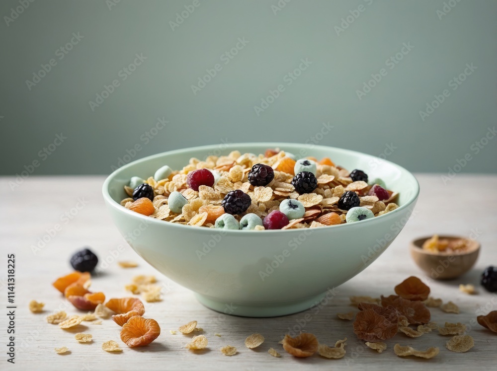 A bowl of cereal, featuring crunchy flakes and a few scattered dried fruits, placed on a light wooden surface. A bowl of cereal, featuring crunchy flakes and a few scattered dried fruits, placed on a light wooden surface.