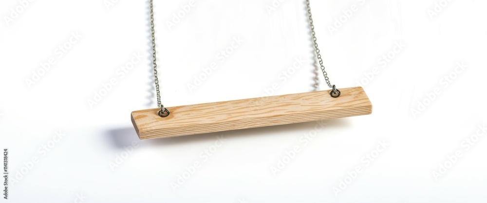Photograph of a wooden swing hanging from two chains, centered in the frame, with a plain white background. The swing is rectangular with a smooth, light brown finish, and the chains are silver and me Photograph of a wooden swing hanging from two chains, centered in the frame, with a plain white background. The swing is rectangular with a smooth, light brown finish, and the chains are silver and me
