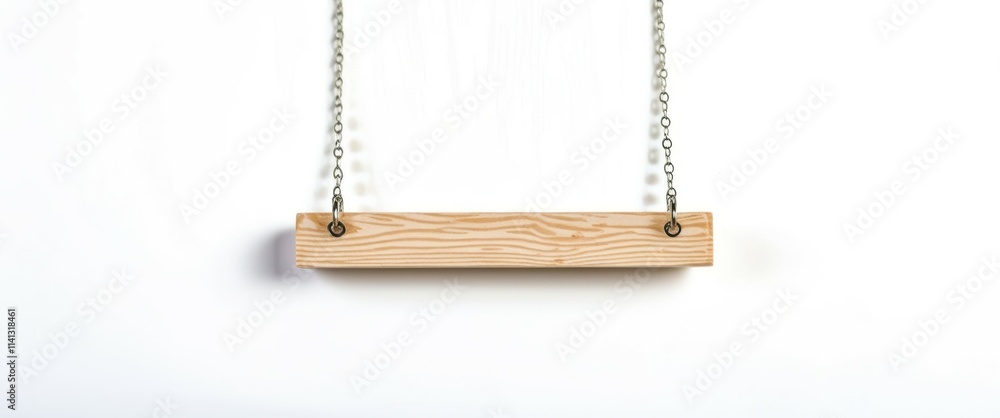 Photograph of a wooden swing hanging from two chains, centered in the frame, with a plain white background. The swing is rectangular with a smooth, light brown finish, and the chains are silver and me Photograph of a wooden swing hanging from two chains, centered in the frame, with a plain white background. The swing is rectangular with a smooth, light brown finish, and the chains are silver and me