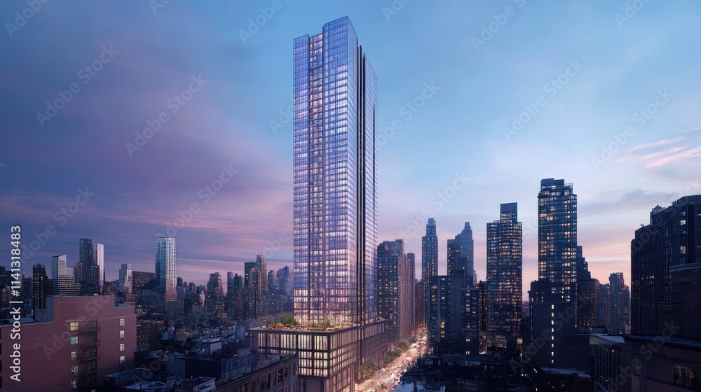 Fototapeta premium Modern skyscraper at dusk, city skyline backdrop.