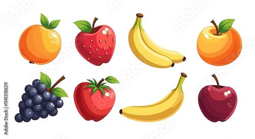 Colorful Fruit Illustration Set Featuring Apples, Bananas, Grapes, and More for Healthy Eating and Design Projects