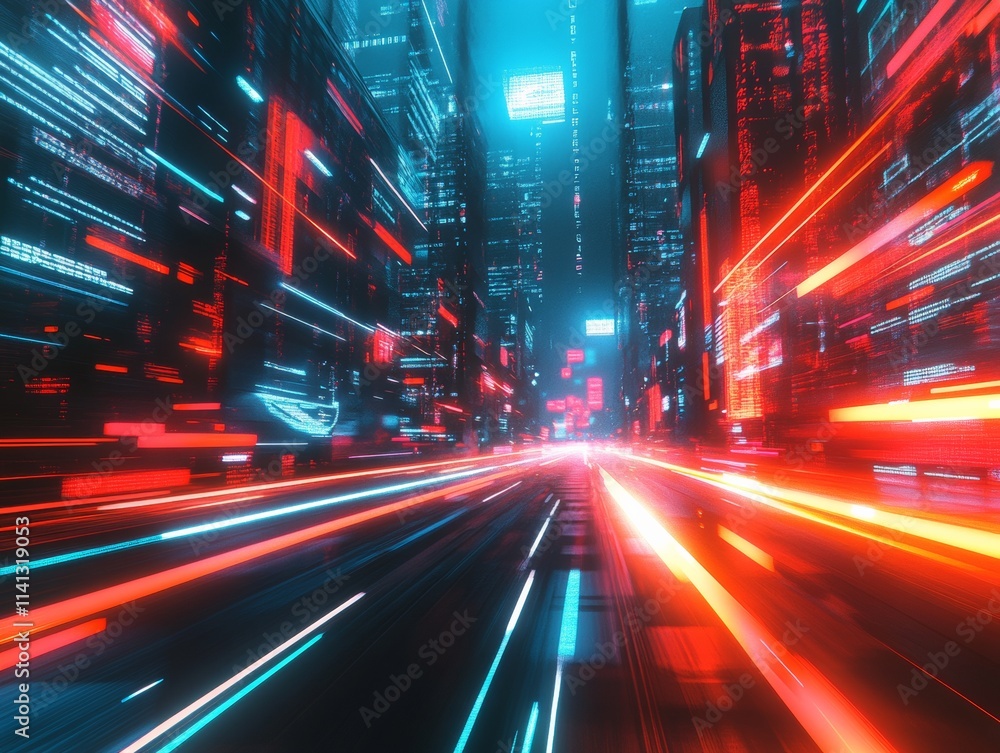 Fototapeta premium Dynamic Light Streaks in Futuristic Cityscape - Cyber Aesthetic and Motion