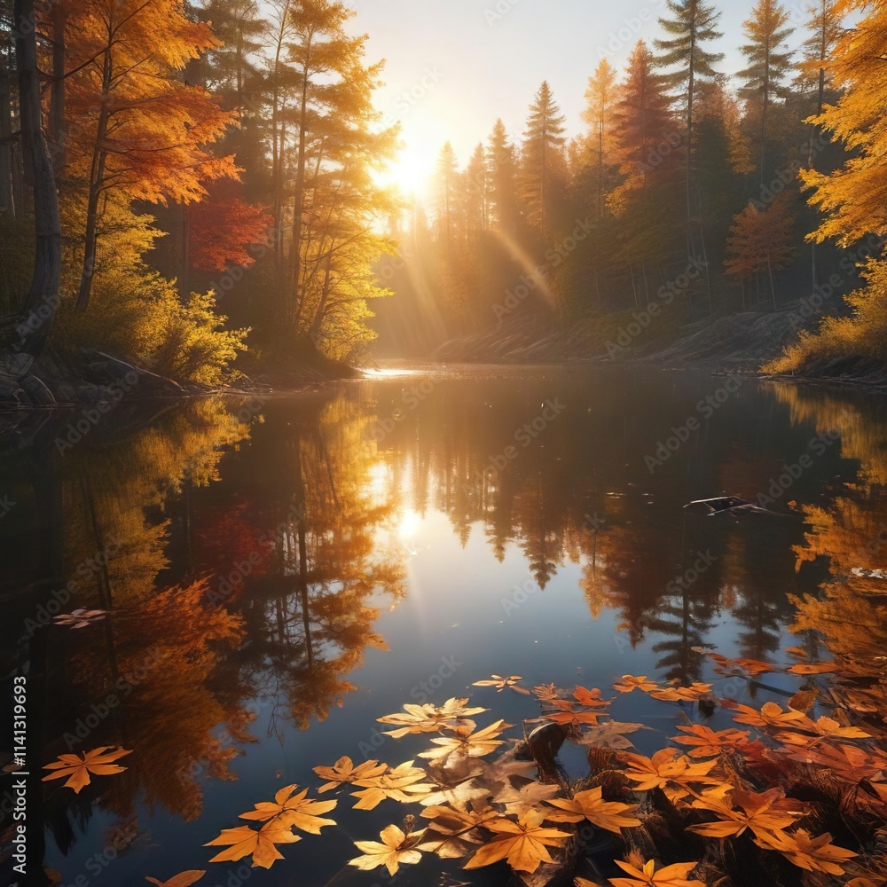 The sun rises over a forest lake with autumn leaves floating on its surface, casting a golden glow, scenery, autumn leaves, serene The sun rises over a forest lake with autumn leaves floating on its surface, casting a golden glow, scenery, autumn leaves, serene