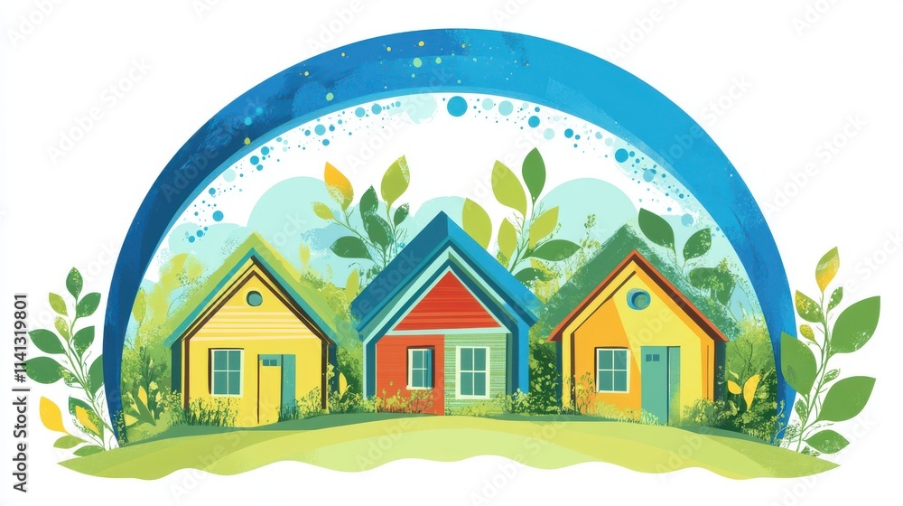 Naklejka premium A vibrant illustration of three colorful houses surrounded by lush greenery.