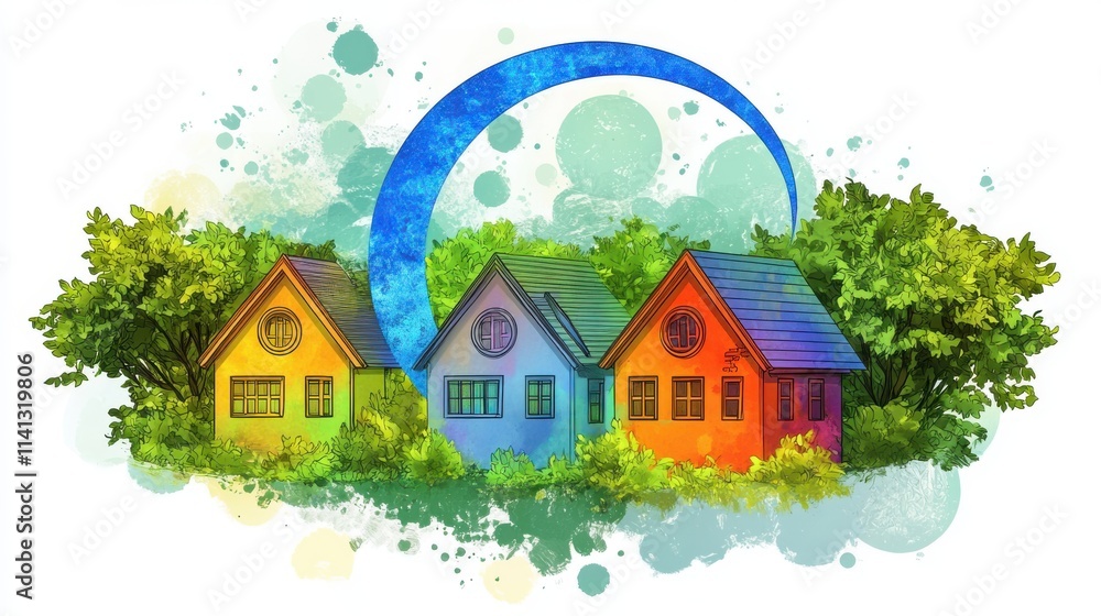 Naklejka premium Colorful illustration of three charming houses surrounded by vibrant greenery and whimsical shapes.