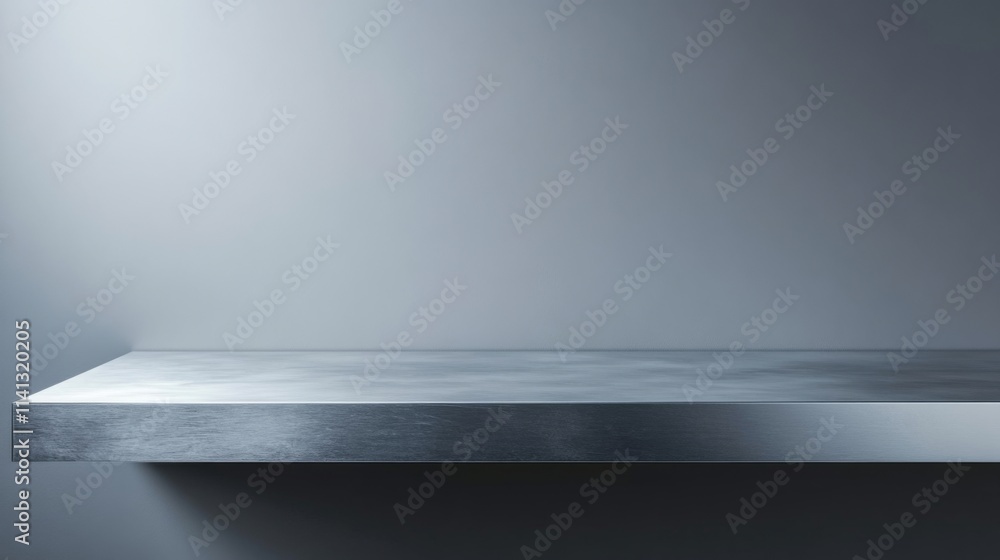 Obraz premium Silver steel countertop with an empty shelf and bar desk surface, set against a gray background with spotlighting, creating a sleek and modern kitchen design.