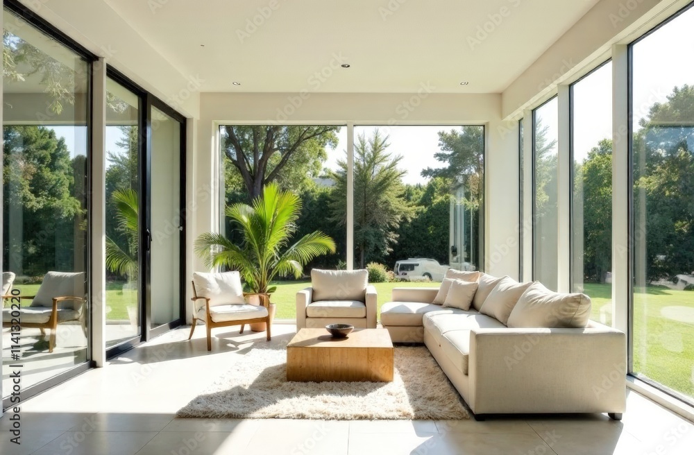 Fototapeta premium A minimalist sunroom with large windows, simple seating, and high-resolution details of a bright, airy atmosphere and contemporary design