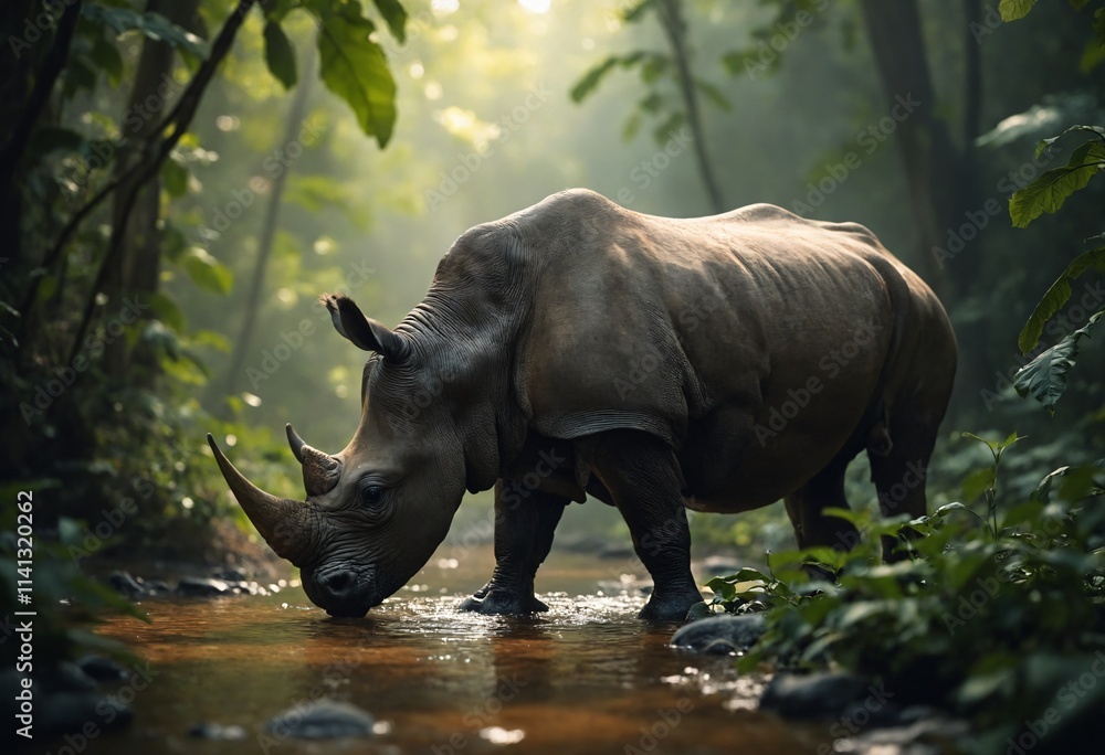 Fototapeta premium The Javan rhinoceros (Rhinoceros sondaicus), also known as the Sunda rhinoceros or lesser one-horned rhinoceros, is a very rare member of the family Rhinocerotidae and one of five extant rhinoceroses.
