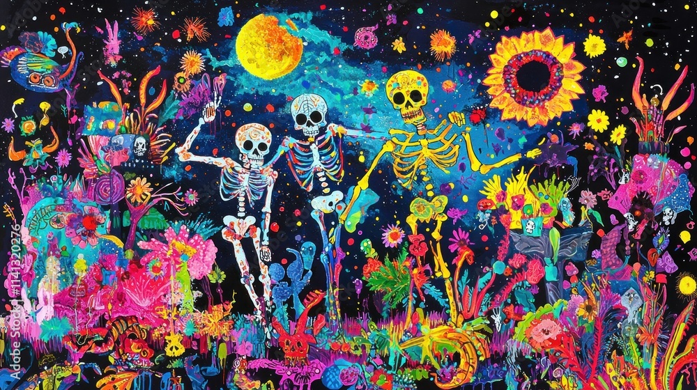 Three Skeletons Dance Joyously In A Vibrant Floral Garden Three Skeletons Dance Joyously In A Vibrant Floral Garden