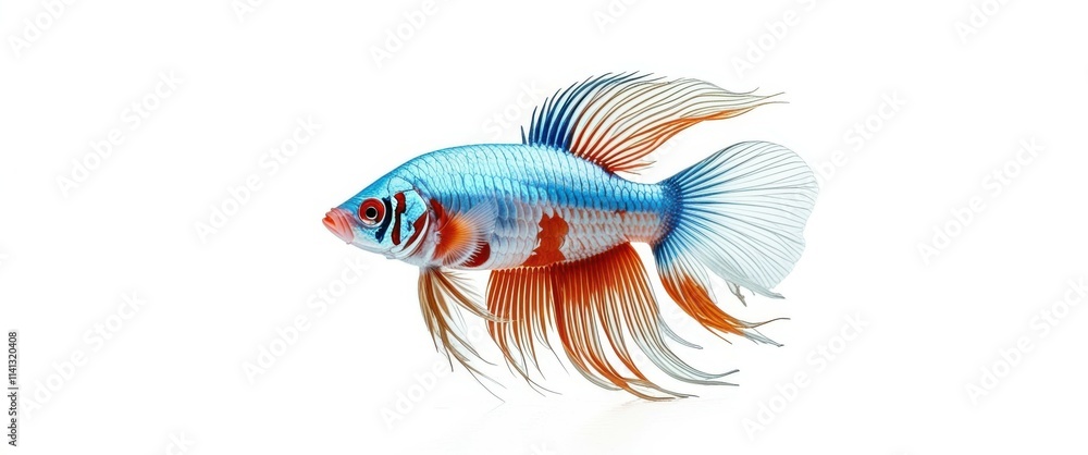 Fototapeta premium Photo of a vibrant blue and orange betta fish swimming in a clear water tank, bright lighting, high quality, watermark, jpeg artifacts