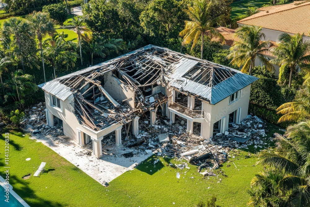 Aerial view of hurricane damage to homes in Miami, with destroyed roofs, fallen trees, and empty swimming pool surrounded by greenery. Aerial view of hurricane damage to homes in Miami, with destroyed roofs, fallen trees, and empty swimming pool surrounded by greenery.