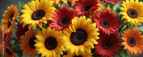 Vibrant bouquet of sunflowers and gerbera daisies, sunflowers, bright bouquet, gerbera daisies