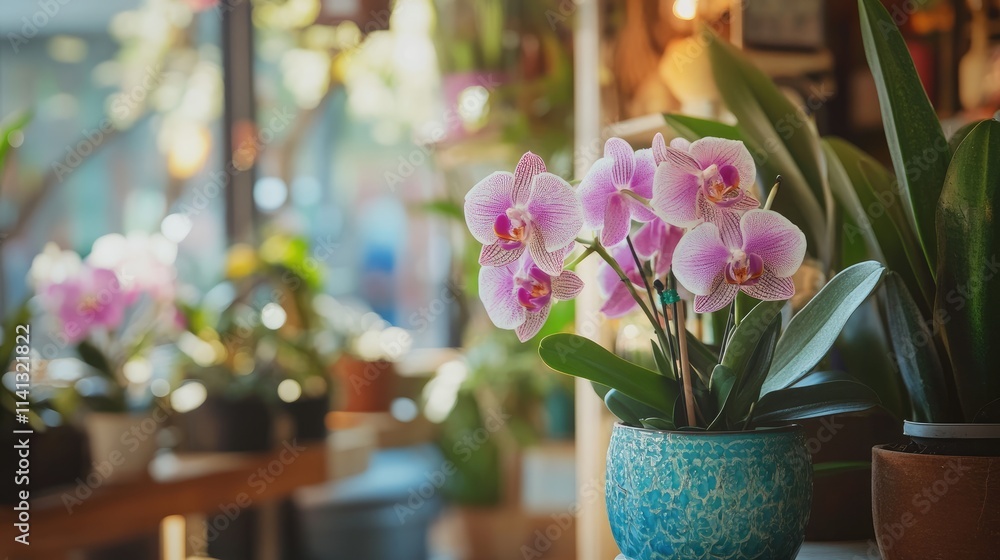 Blooming pink orchids in a teal pot displayed in a flower shop. Blooming pink orchids in a teal pot displayed in a flower shop.