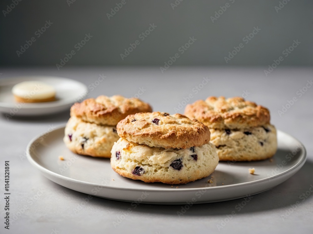 Freshly baked scones with a light golden-brown crust, placed on a smooth white ceramic plate. Freshly baked scones with a light golden-brown crust, placed on a smooth white ceramic plate.