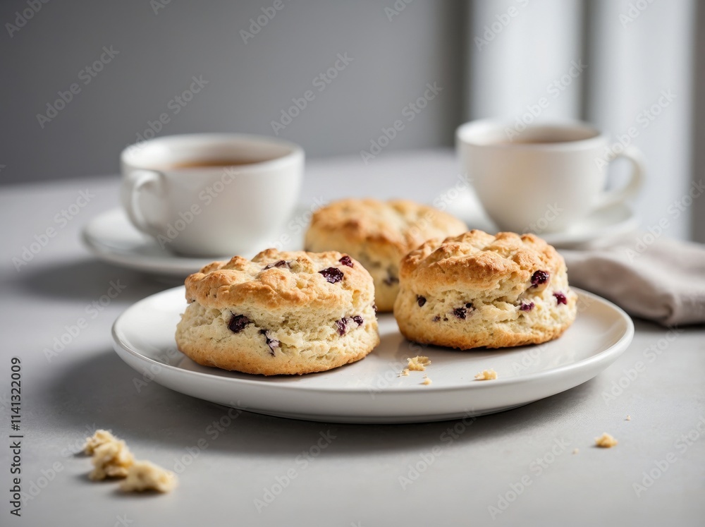 Freshly baked scones with a light golden-brown crust, placed on a smooth white ceramic plate. Freshly baked scones with a light golden-brown crust, placed on a smooth white ceramic plate.