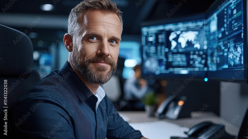 Thoughtful Middle aged Caucasian Businessman in Suit and Tie Working Intently on Computer Desktop in Corporate Office Environment with Blurred Background Thoughtful Middle aged Caucasian Businessman in Suit and Tie Working Intently on Computer Desktop in Corporate Office Environment with Blurred Background