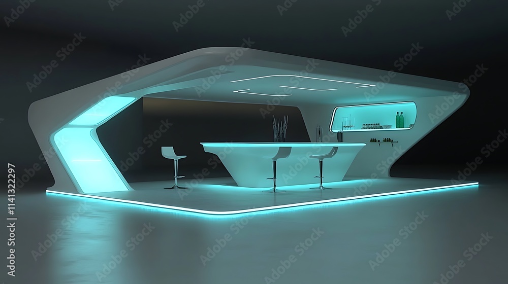Futuristic bar counter with teal neon lighting. Futuristic bar counter with teal neon lighting.