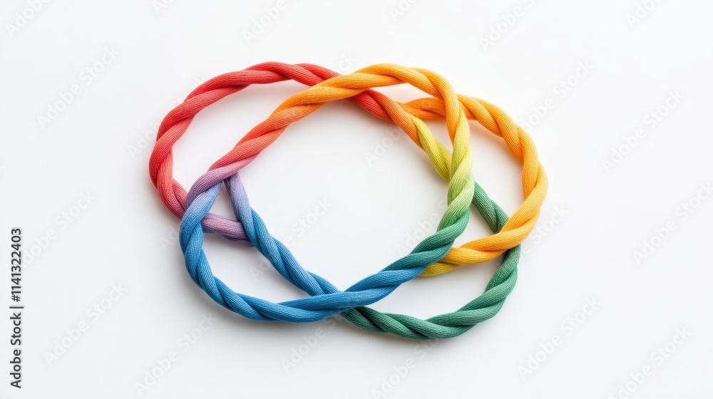 Colorful twisted ropes arranged in a circular pattern on a white background, showcasing vibrant hues of red, orange, yellow, green, blue, and purple. Colorful twisted ropes arranged in a circular pattern on a white background, showcasing vibrant hues of red, orange, yellow, green, blue, and purple.