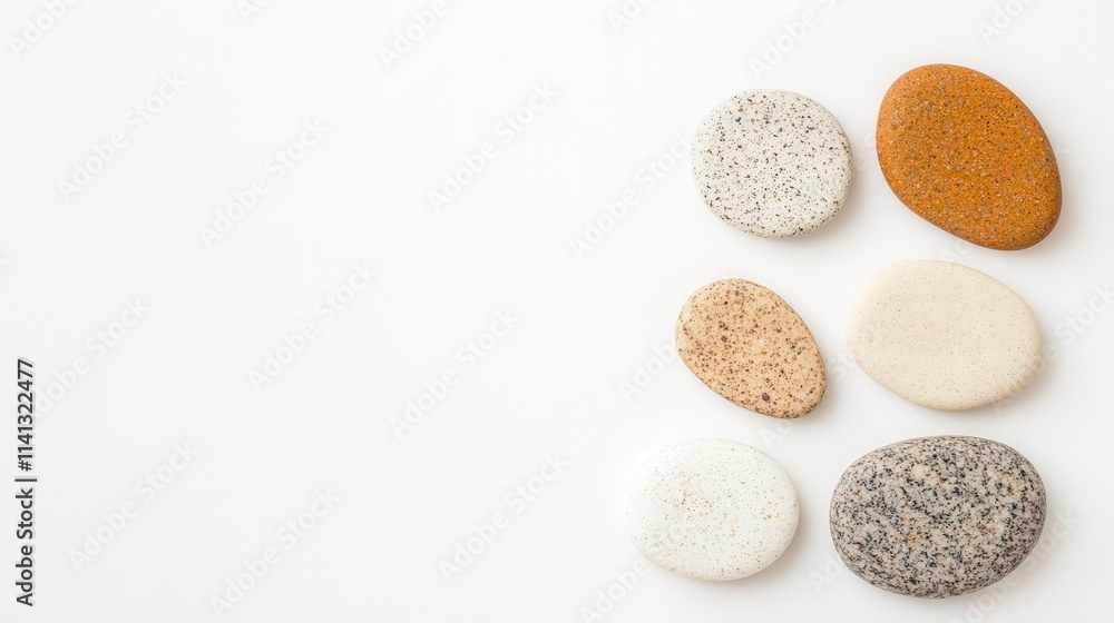 A minimalistic arrangement of smooth pebbles in various colors on a light background, showcasing natural textures and shapes. A minimalistic arrangement of smooth pebbles in various colors on a light background, showcasing natural textures and shapes.