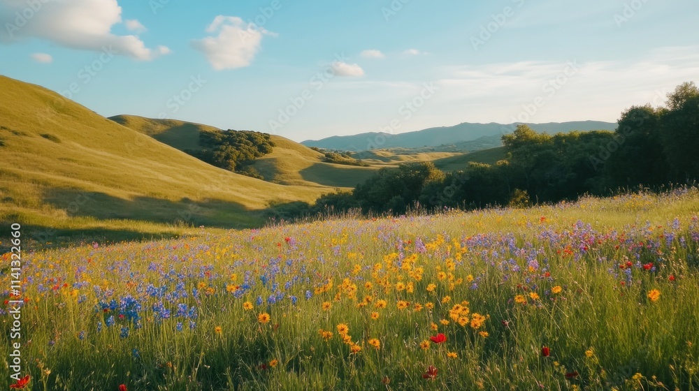 Vibrant wildflowers bloom in a sun-drenched meadow, rolling hills and blue sky backdrop. Vibrant wildflowers bloom in a sun-drenched meadow, rolling hills and blue sky backdrop.