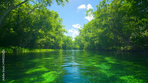 A tranquil river scene surrounded by lush greenery under a bright blue sky, reflecting the vibrant colors of nature