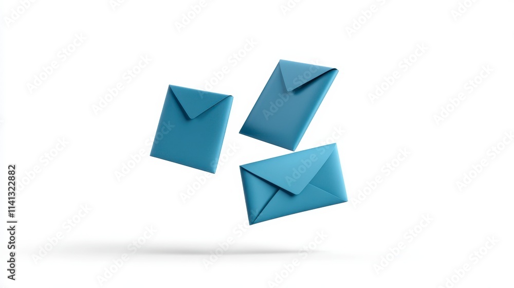 Three blue envelopes floating against a clean, white background, symbolizing communication and correspondence. Three blue envelopes floating against a clean, white background, symbolizing communication and correspondence.