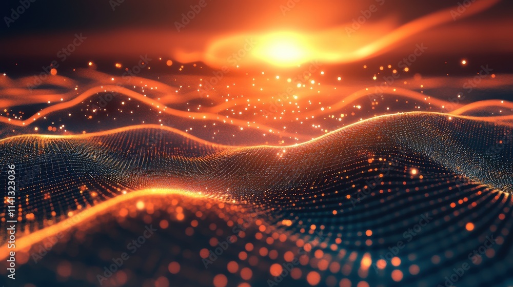 An abstract representation of waves illuminated by a glowing sunset, showcasing vibrant orange and gold hues. An abstract representation of waves illuminated by a glowing sunset, showcasing vibrant orange and gold hues.