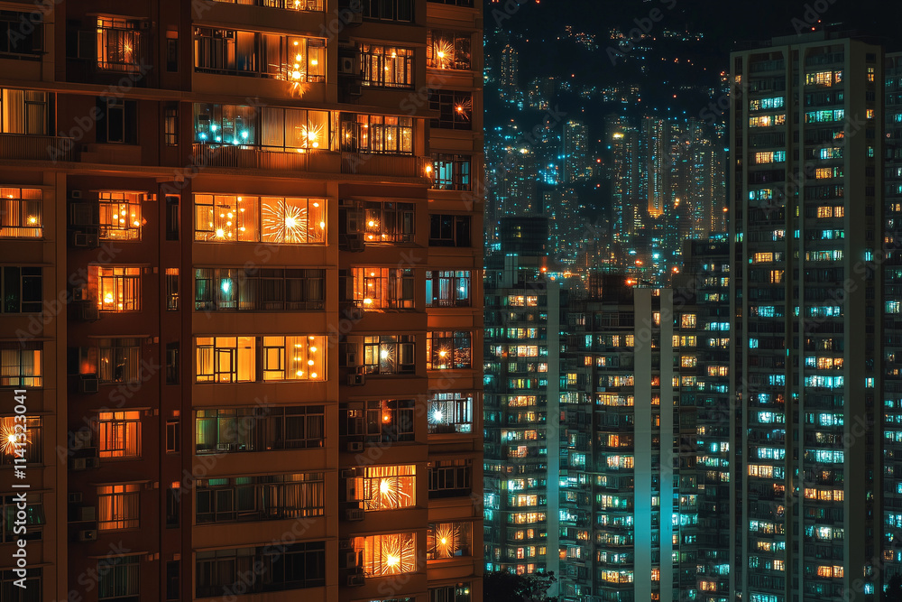 Fireworks over apartment buildings at night. Happy new year. Fireworks over apartment buildings at night. Happy new year.