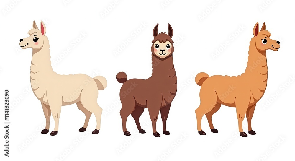 Cute Llama Illustration Set with Three Adorable Cartoon Llamas in Different Colors on White Background - Perfect for Children's Books and Merchandise Cute Llama Illustration Set with Three Adorable Cartoon Llamas in Different Colors on White Background - Perfect for Children's Books and Merchandise