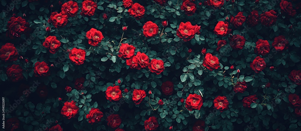 Vibrant Red Roses Bloom Abundantly in Lush Green Foliage, Creating a Stunning Floral Display of Nature's Beauty. Vibrant Red Roses Bloom Abundantly in Lush Green Foliage, Creating a Stunning Floral Display of Nature's Beauty.