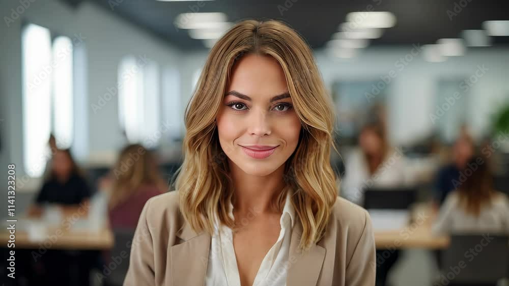 Portrait of beautiful blonde young woman with smiling cheerfully, showing her white teeth to camera while feeling happy blurred office workspace on background Portrait of beautiful blonde young woman with smiling cheerfully, showing her white teeth to camera while feeling happy blurred office workspace on background