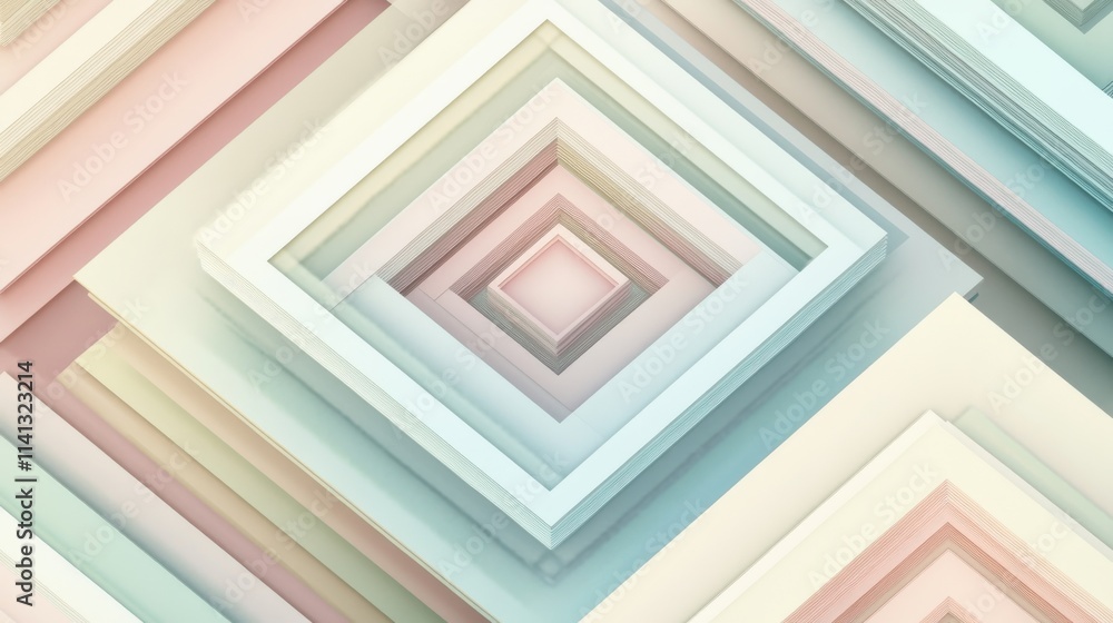 Obraz premium A serene abstract composition featuring layered geometric squares in soft pastel colors, creating a soothing visual effect.