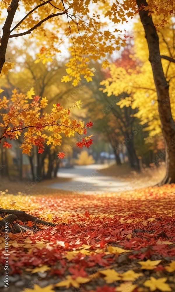 Yellow blurry background with red maple leaves and fallen branches, seasonal change, autumnal scenes Yellow blurry background with red maple leaves and fallen branches, seasonal change, autumnal scenes