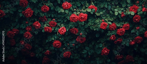 Vibrant Red Roses Bloom Abundantly on Lush Green Foliage, Creating a Stunning Floral Display in Nature's Garden