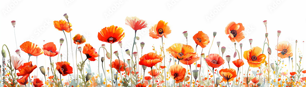 Obraz premium illustration watercolor vibrant poppy field on white background