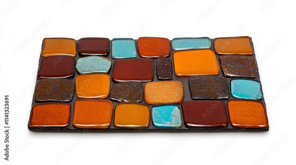 A vibrant mosaic tile design featuring a mix of earthy and bright colors arranged in a rectangular pattern. A vibrant mosaic tile design featuring a mix of earthy and bright colors arranged in a rectangular pattern.
