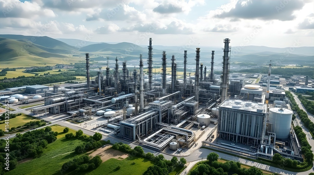 Aerial View of a Large Industrial Refinery Complex Nestled Amidst Rolling Green Hills Under a Partly Cloudy Sky Aerial View of a Large Industrial Refinery Complex Nestled Amidst Rolling Green Hills Under a Partly Cloudy Sky