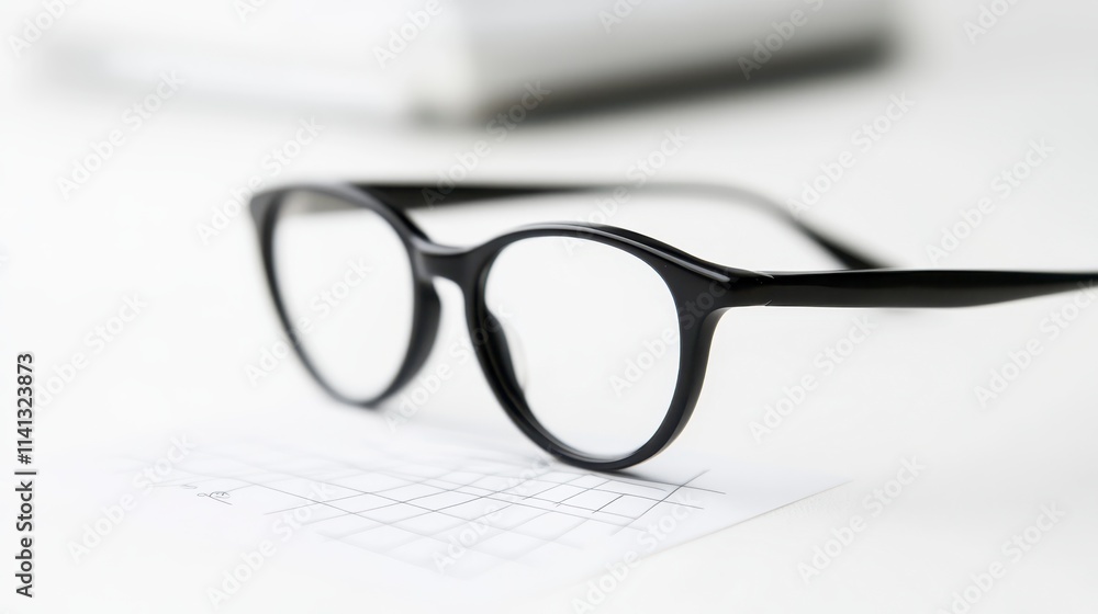 A pair of stylish black eyeglasses rests on a white surface, with a faint keyboard pattern visible underneath, suggesting a modern workspace setup. A pair of stylish black eyeglasses rests on a white surface, with a faint keyboard pattern visible underneath, suggesting a modern workspace setup.