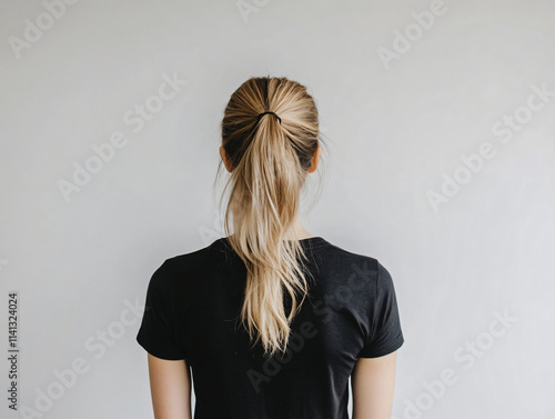 Slim-fit black t-shirt mockup back side view casual, minimalist style t-shirt versatile apparel design fashion branding product photography clothing mockup template marketing branding ponytail blonde photo