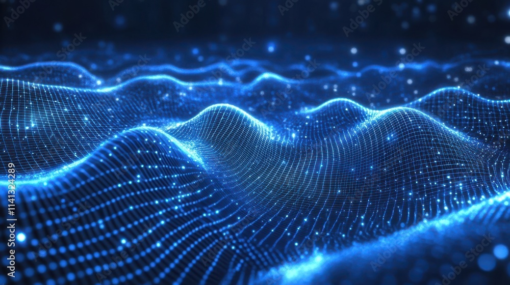 A mesmerizing wave of blue digital particles creates an ethereal, flowing effect reminiscent of a serene ocean. A mesmerizing wave of blue digital particles creates an ethereal, flowing effect reminiscent of a serene ocean.