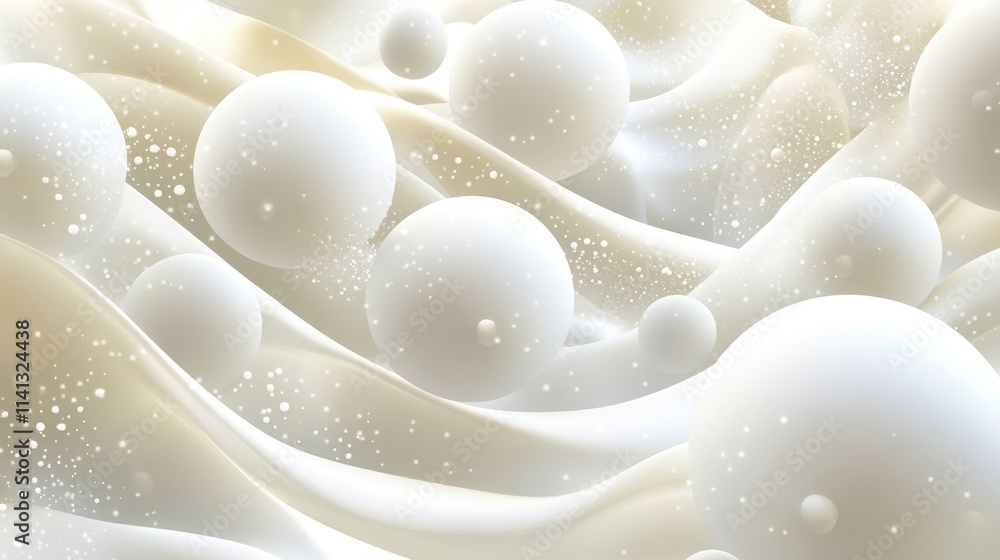 Abstract white spheres floating in a soft, wavy background, creating a serene and ethereal atmosphere. Abstract white spheres floating in a soft, wavy background, creating a serene and ethereal atmosphere.