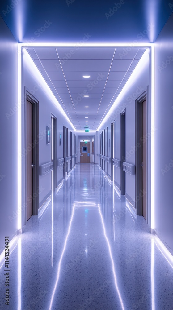 Fototapeta premium A modern, illuminated hallway with sleek design and reflective flooring.