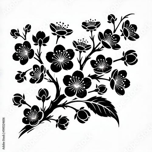 Cherry blossom vector illustration, Cherry flowers silhouette vector black and white