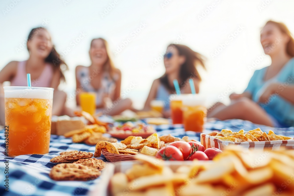 A beach picnic brings smiling faces. Friends enjoying snacks and drinks at a beach picnic. A beach picnic brings smiling faces. Friends enjoying snacks and drinks at a beach picnic.
