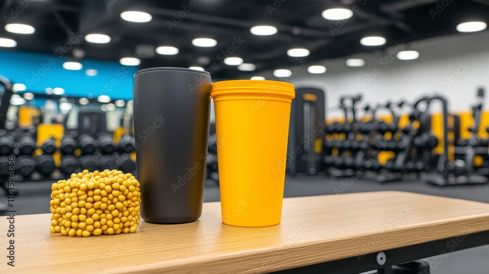 A vibrant gym scene featuring a black and yellow cup beside a protein snack, emphasizing fitness and nutrition in a modern workout environment. A vibrant gym scene featuring a black and yellow cup beside a protein snack, emphasizing fitness and nutrition in a modern workout environment.