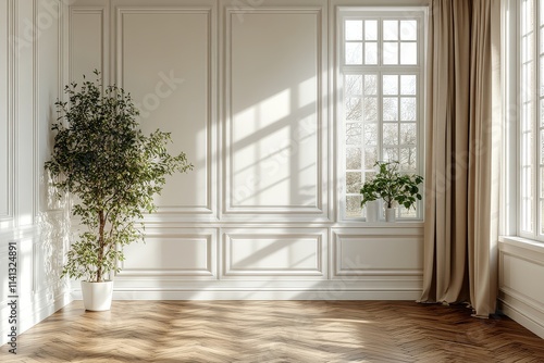 Wallpaper Mural Minimalist Scandinavian interior with white walls, beige curtains, parquet floor, window light and shadows, soft daylight, ultra-realistic photography. Torontodigital.ca