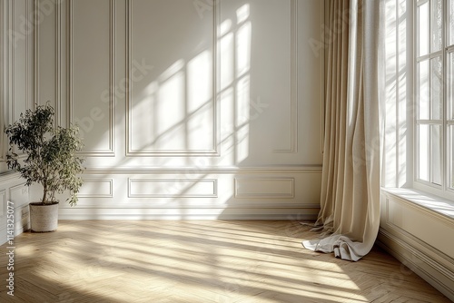 Wallpaper Mural Minimalist Scandinavian interior with white walls, beige curtains, parquet floor, window light and shadows, soft daylight, ultra-realistic photography. Torontodigital.ca