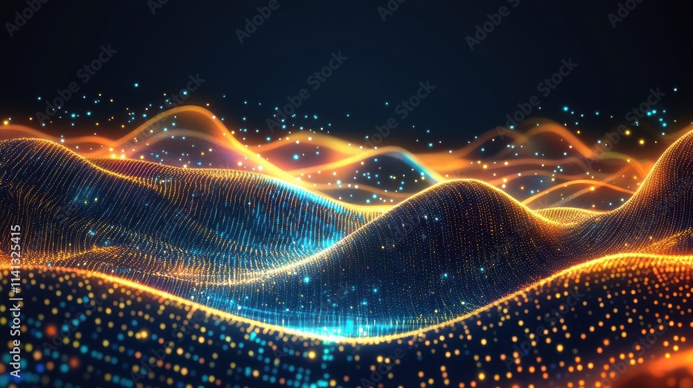 Abstract digital waves in vibrant blue and orange hues create a mesmerizing visual effect against a dark background. Abstract digital waves in vibrant blue and orange hues create a mesmerizing visual effect against a dark background.