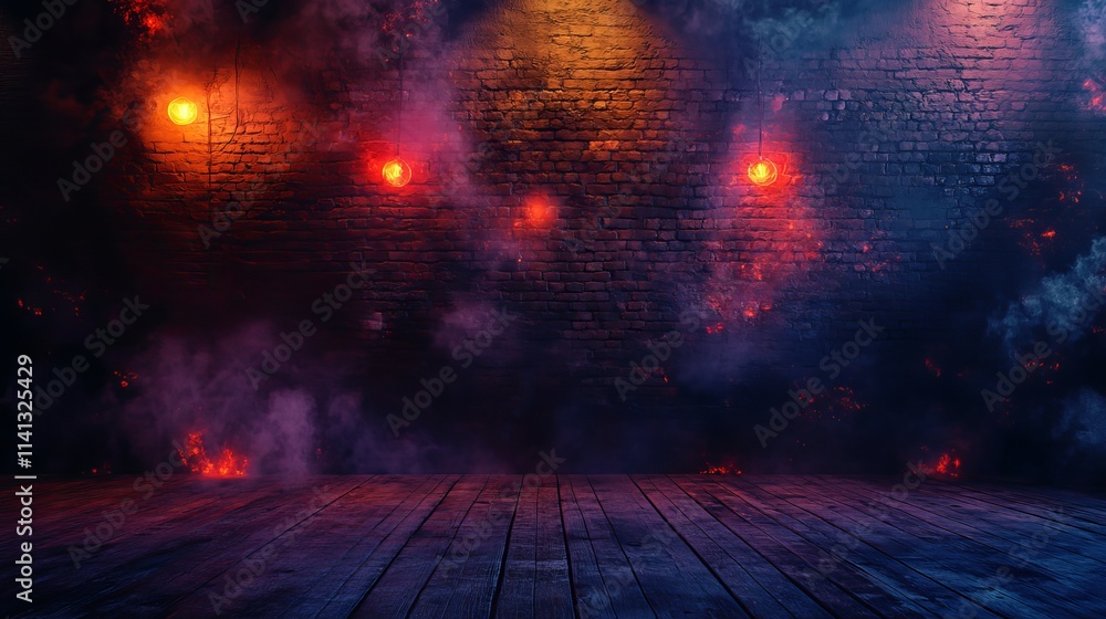 Obraz premium Moody basement with exposed brick walls, sparks, smoke, and neon highlights