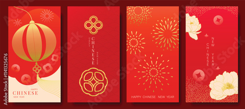Chinese New Year 2025 hongbao red envelope design vector. Collection of Chinese festival with lantern, lotus flower, wave, pattern. Elegant oriental illustration for ang pao, cover, calendar, ads.